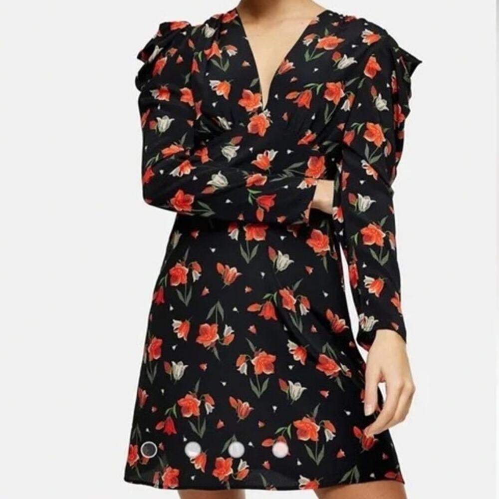 Topshop Women's Black Red Floral Dress Size 4